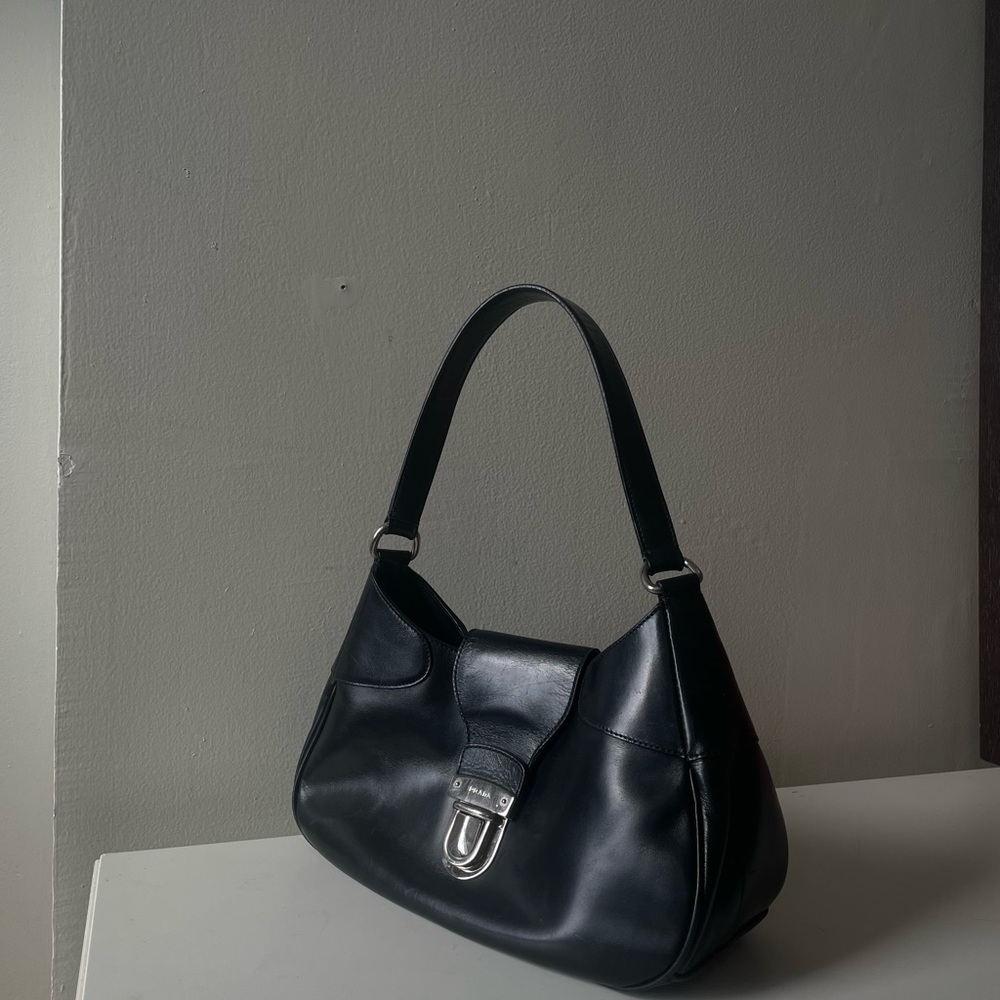SOLD Vintage HTF Prada Black Leather Moon Shoulder Bag with Silver-Tone Buckle